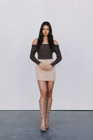 Kahlea Off-Shoulder Bodysuit - Chocolate Brown Knit