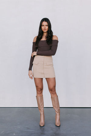 Kahlea Off-Shoulder Bodysuit - Chocolate Brown Knit