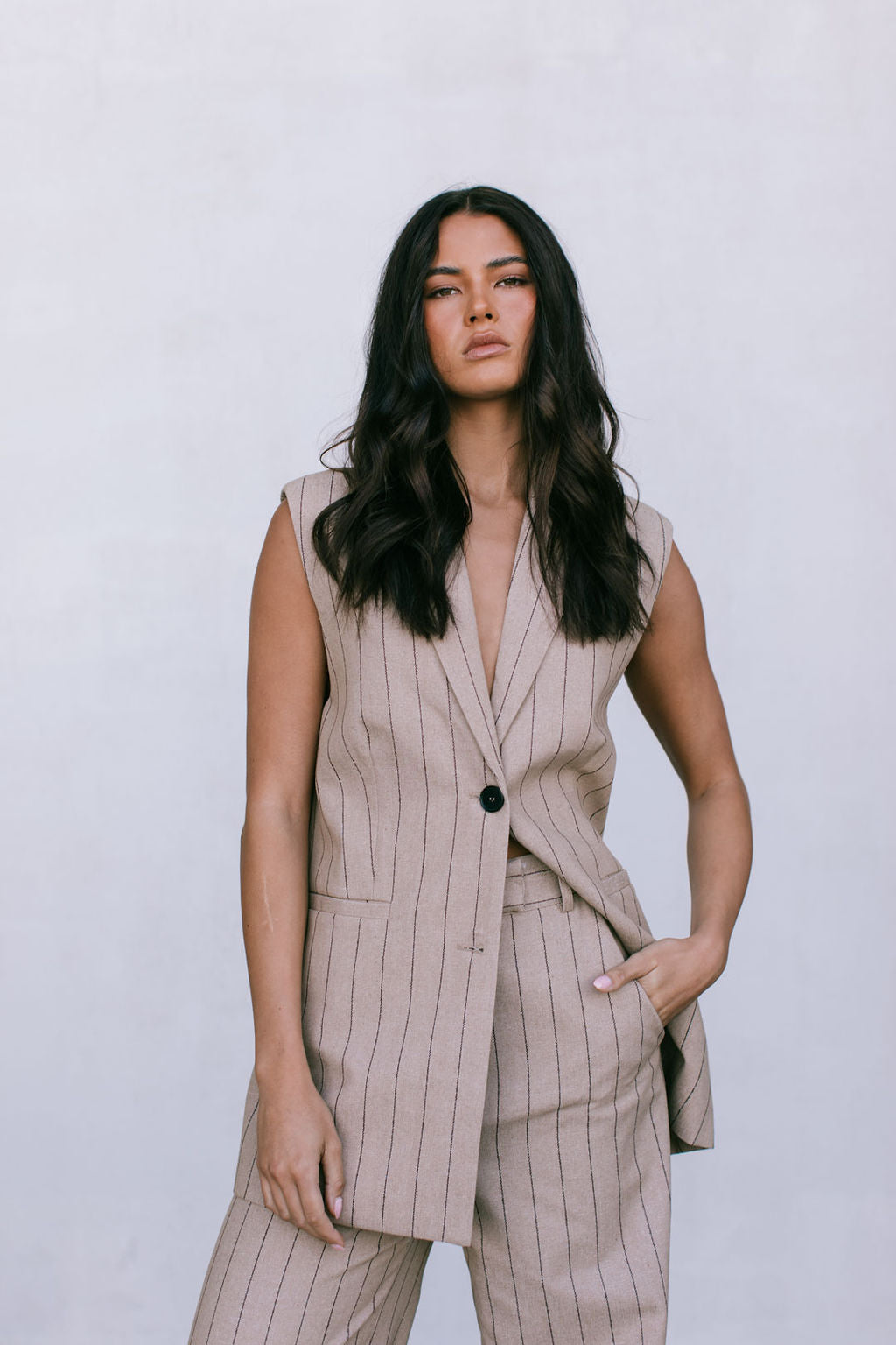 Josie Blazer Vest Beige Pinstripe
