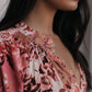 Close-up of a woman wearing a floral dress with a blurred background