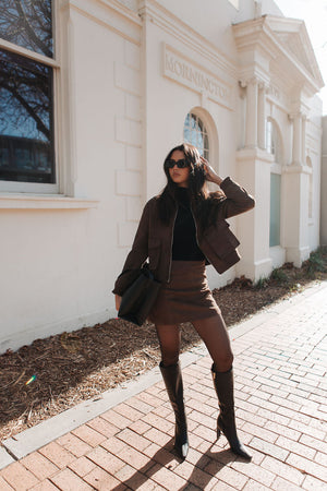 Gracelyn Bomber Jacket - Chocolate Brown Suede Look