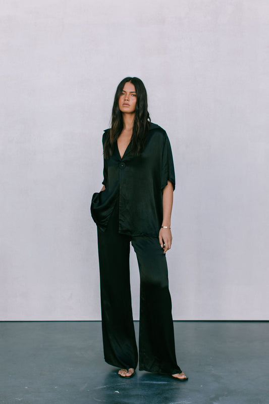 Eve Relaxed Pants - Black Satin