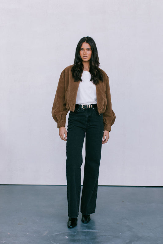 Diego Bomber Jacket - Tan Suede Look