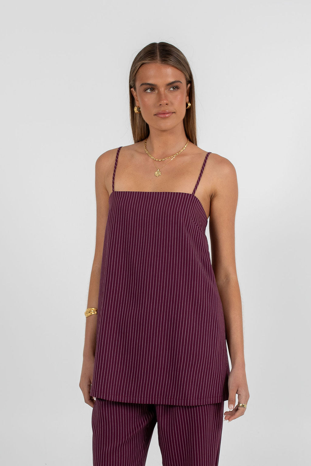 Reina Singlet Top - Plum Pinstripe