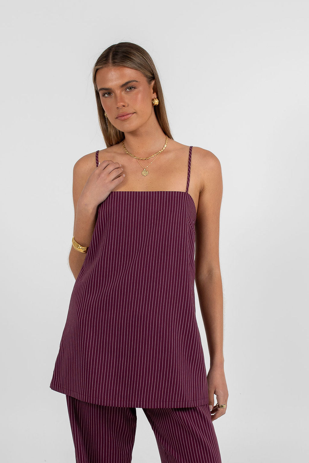 Reina Singlet Top - Plum Pinstripe
