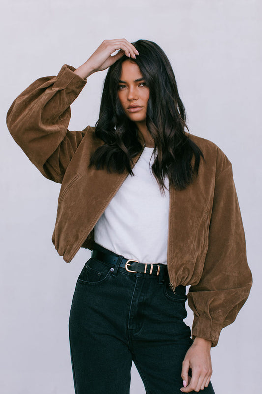 Diego Bomber Jacket - Tan Suede Look