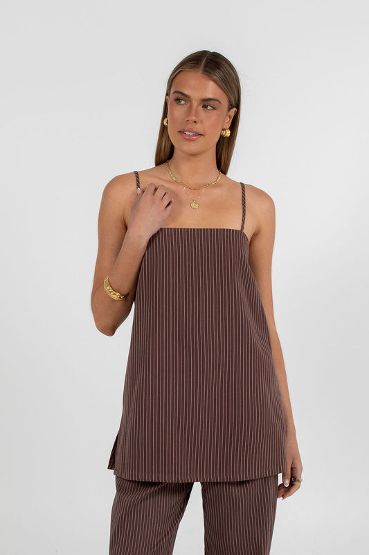Reina Singlet Top - Chocolate Pinstripe