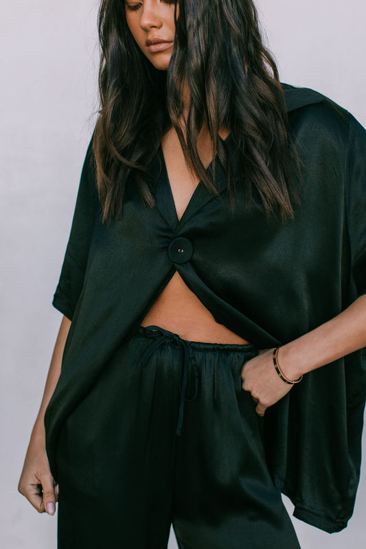 Eve Relaxed Pants - Black Satin