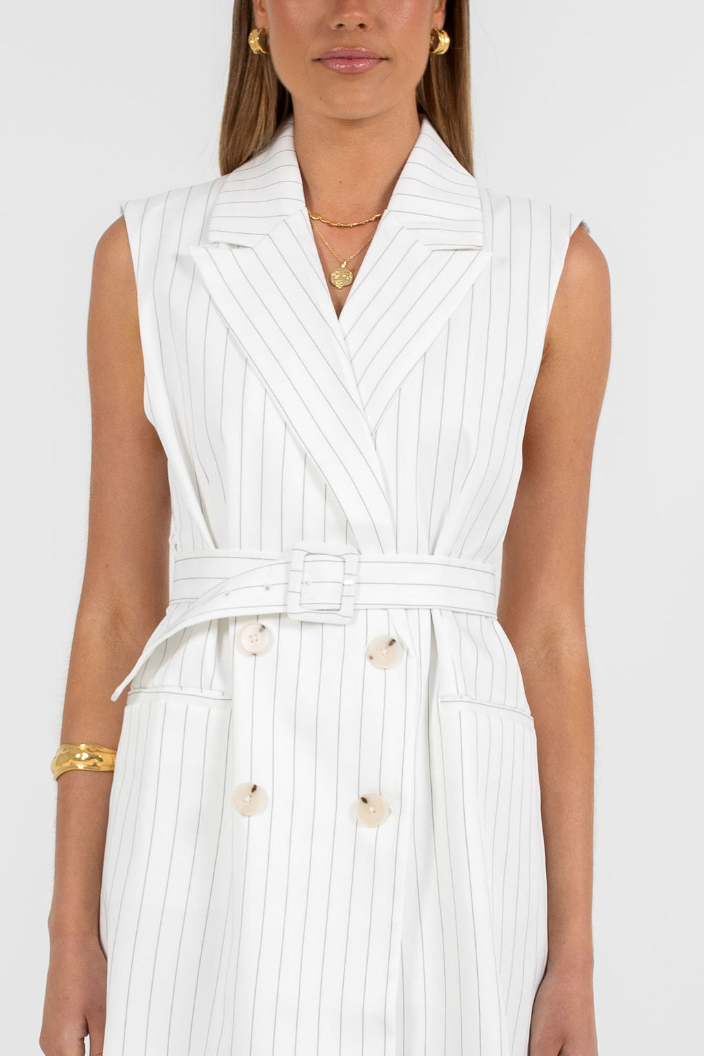 Cullen Mini Blazer Dress - White Pinstripe