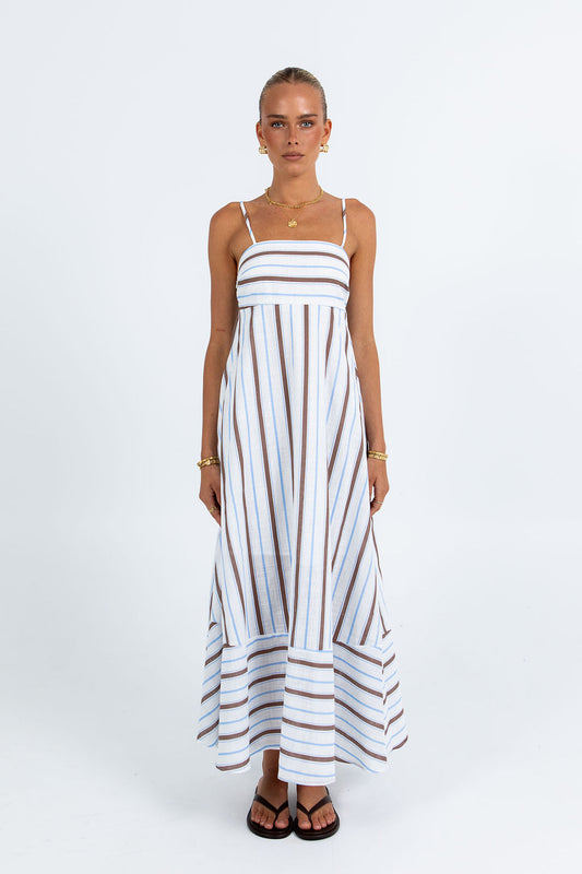 Nova Maxi Dress - Chocolate/ Blue Stripe