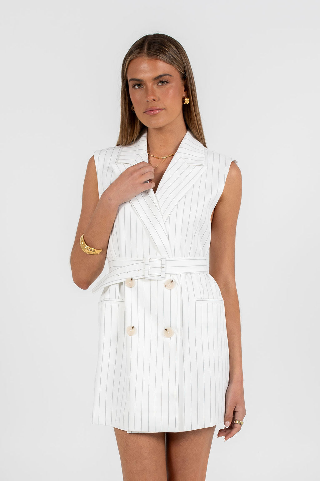 Cullen Mini Blazer Dress - White Pinstripe