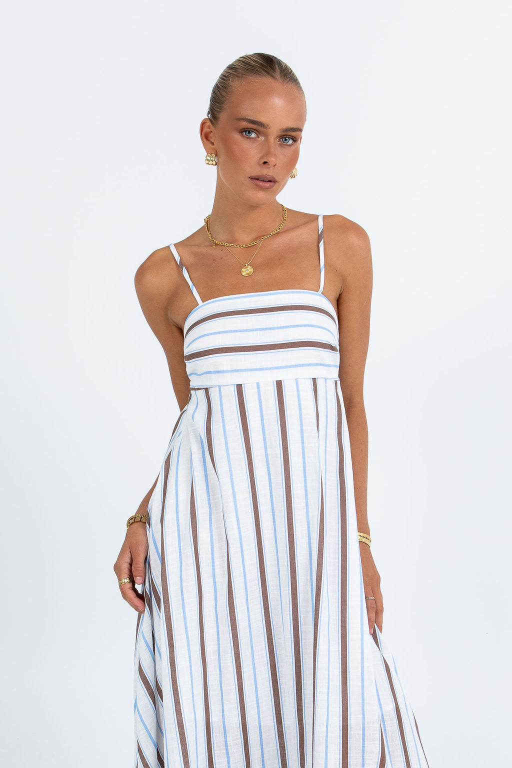 Nova Maxi Dress - Chocolate/ Blue Stripe