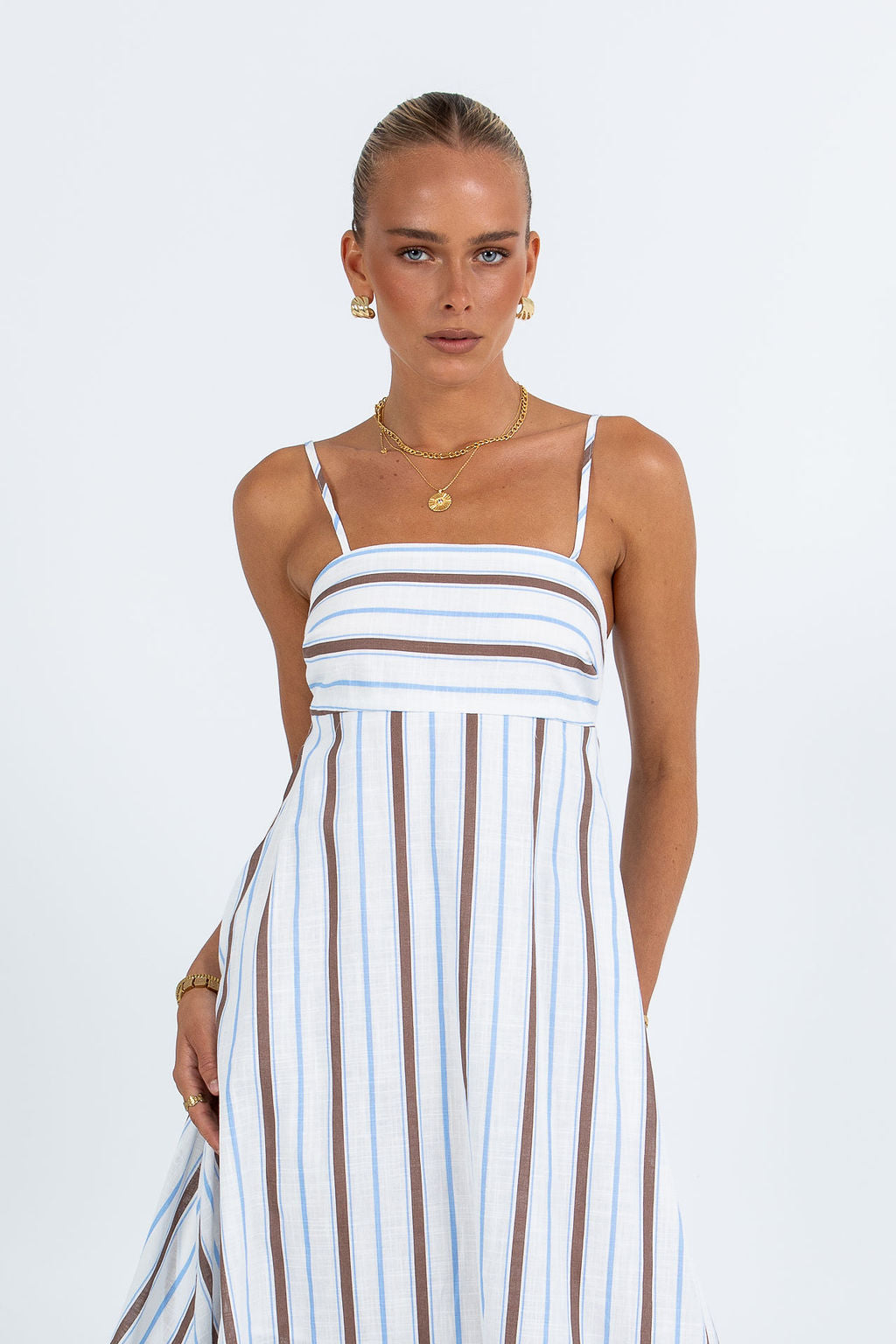 Nova Maxi Dress - Chocolate/ Blue Stripe