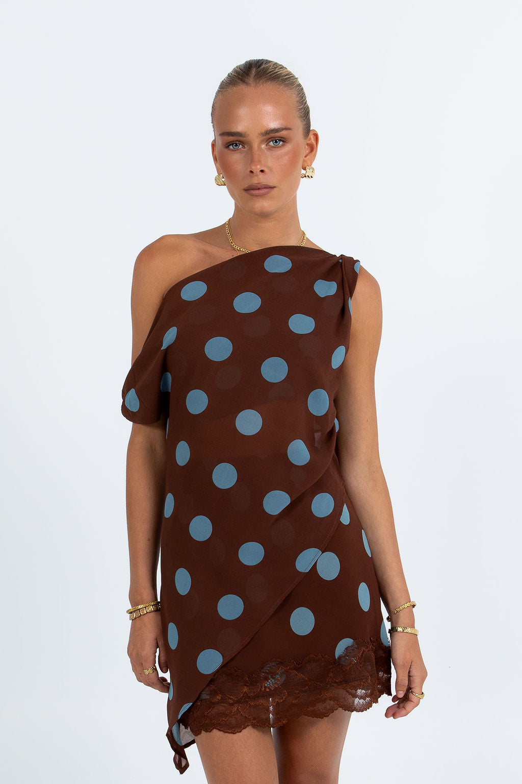 Umika Top - Chocolate/Blue Polka Dot