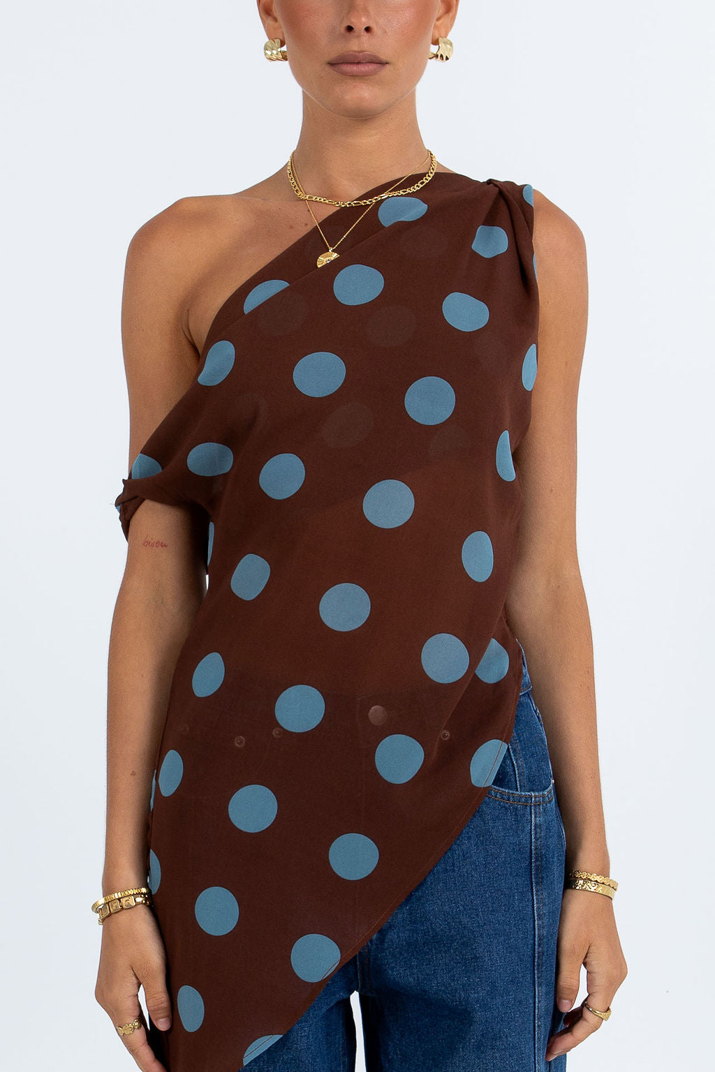 Umika Top - Chocolate/Blue Polka Dot