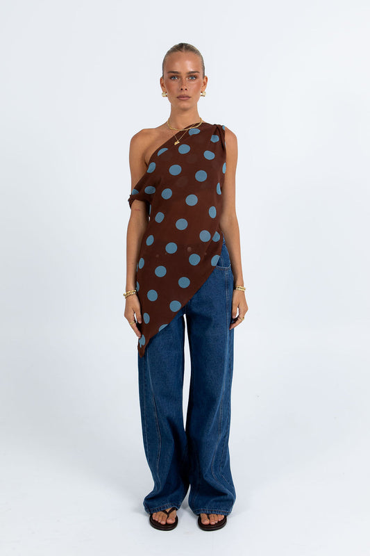 Umika Top - Chocolate/Blue Polka Dot