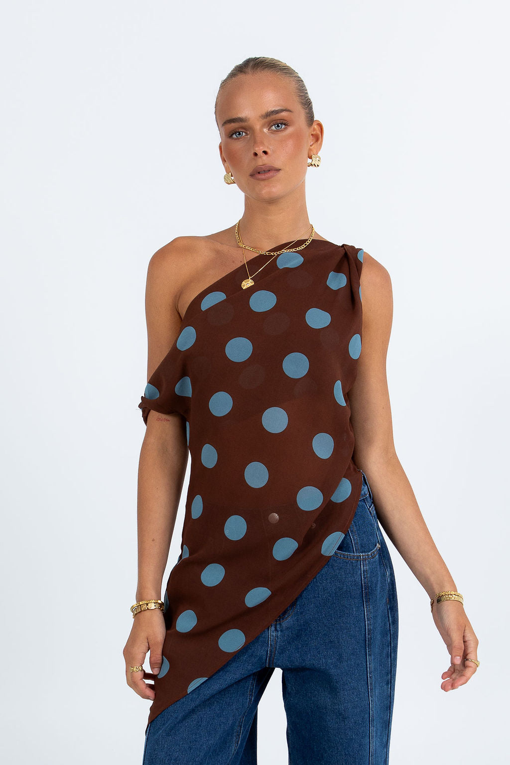 Umika Top - Chocolate/Blue Polka Dot