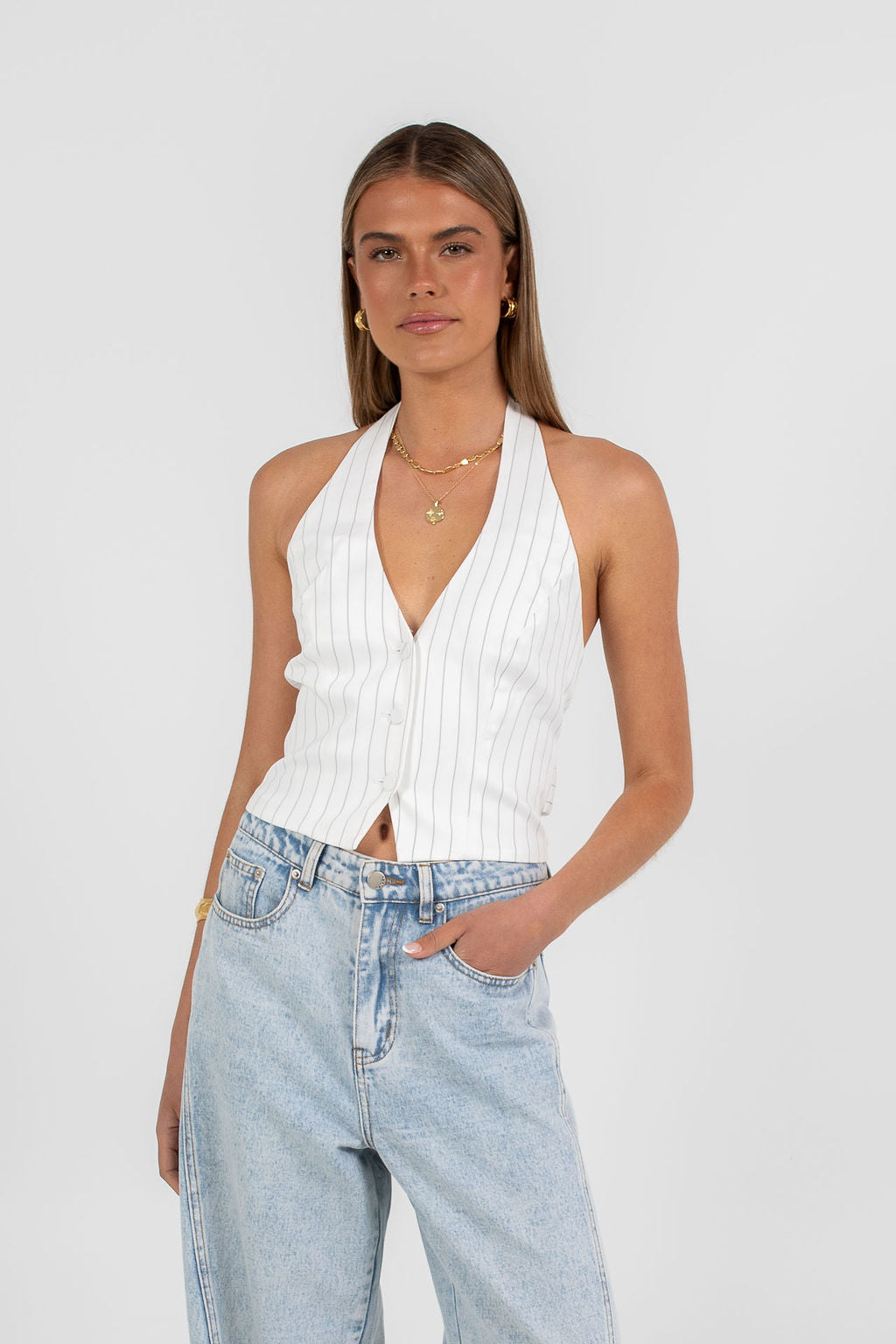 Marnie Halter Top White Pinstripe