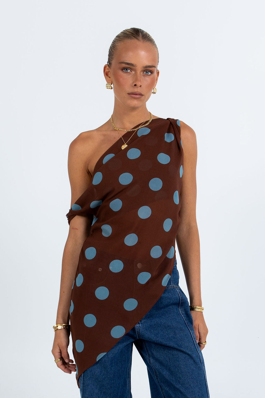 Umika Top - Chocolate/Blue Polka Dot