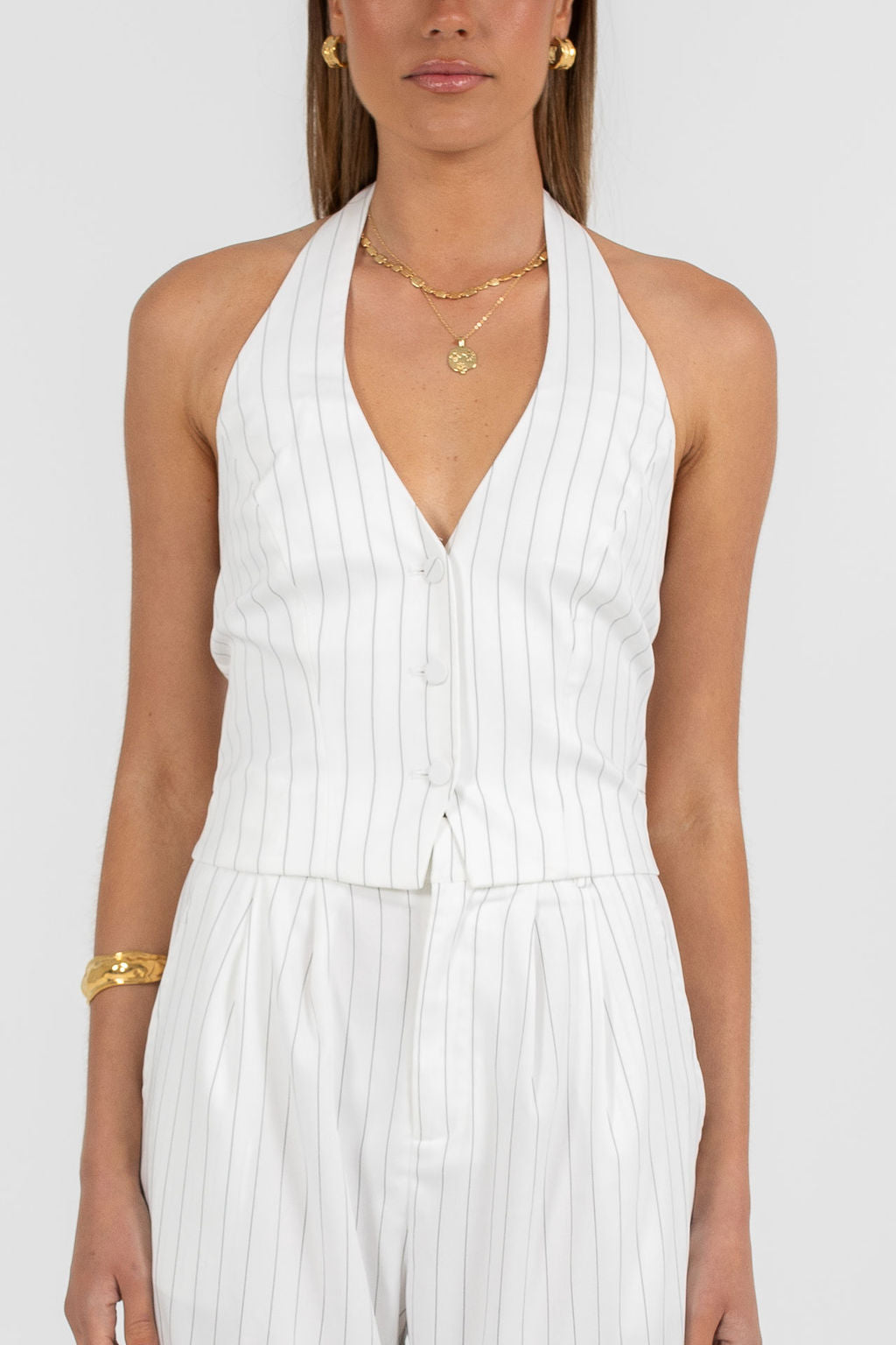 Marnie Halter Top - White Pinstripe