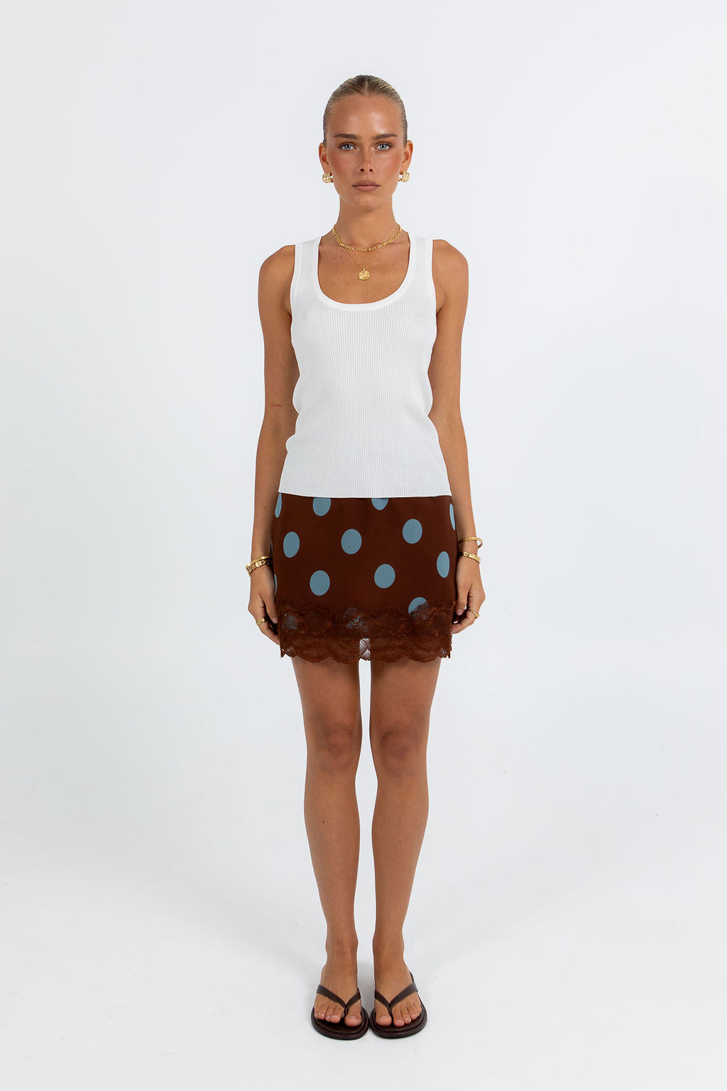Quorra Skirt - Chocolate/Blue Polka Dot