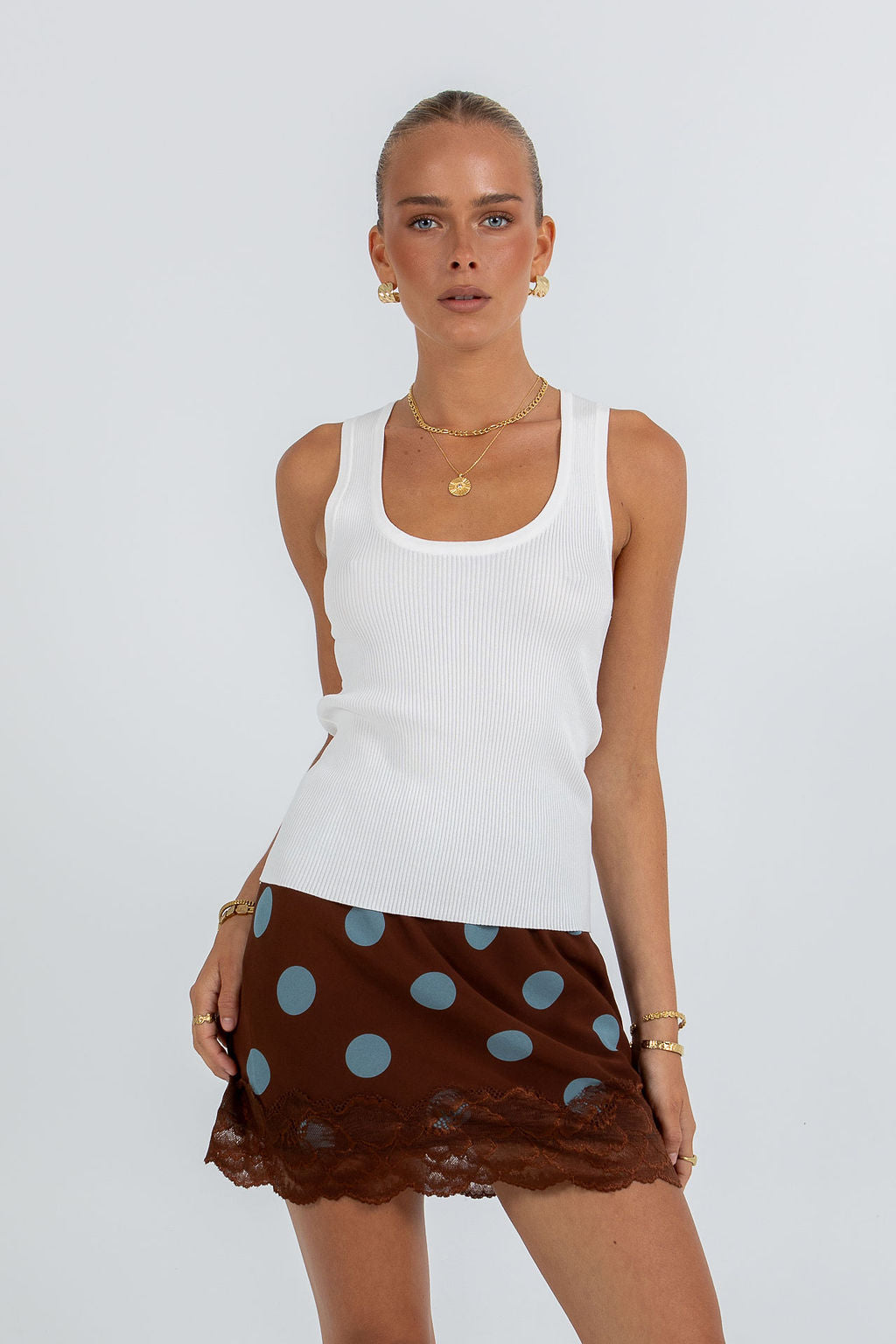 Quorra Skirt - Chocolate/Blue Polka Dot