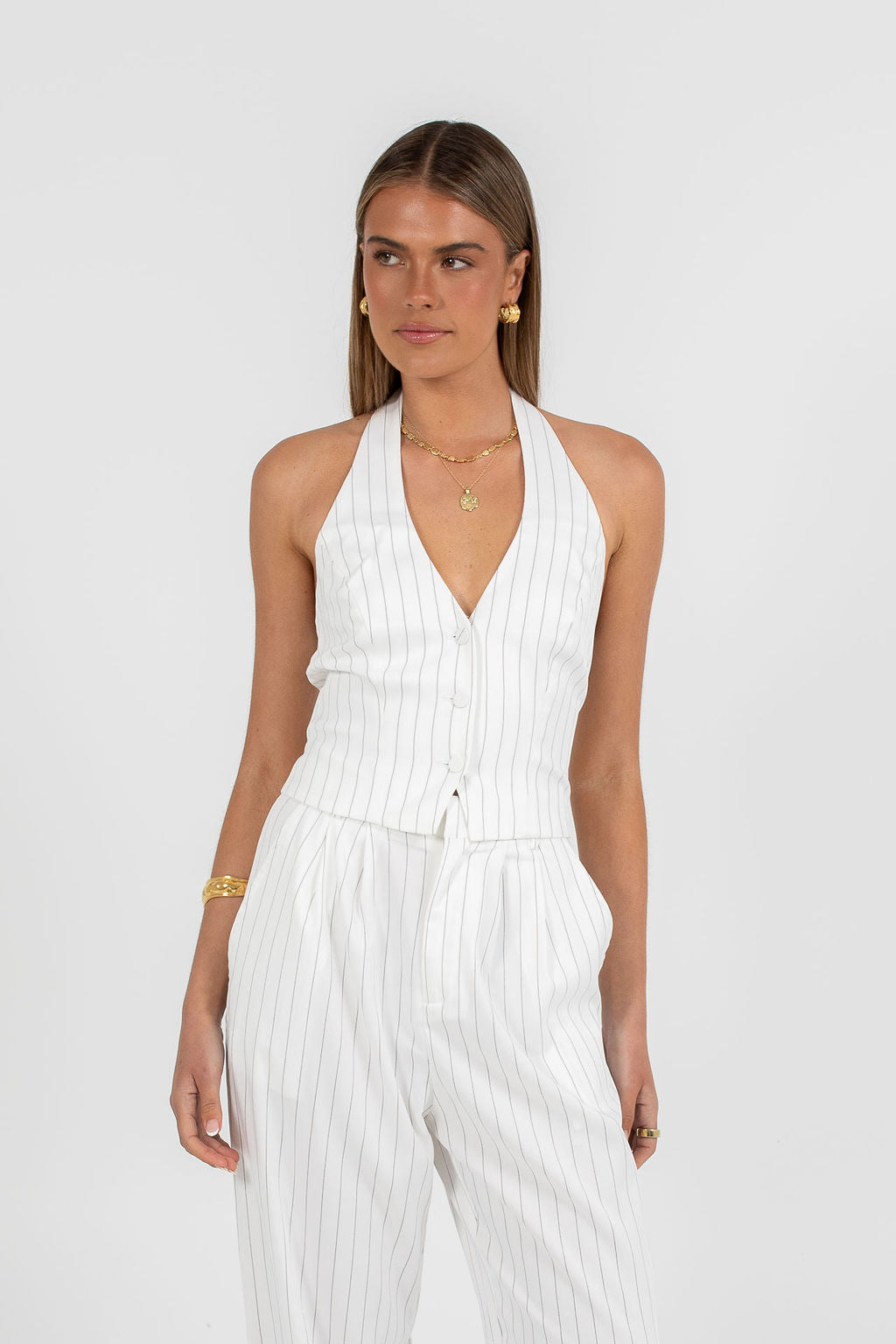Marnie Halter Top - White Pinstripe