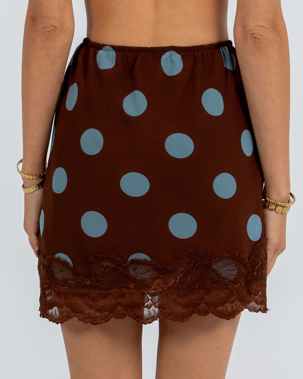 Quorra Skirt - Chocolate/Blue Polka Dot