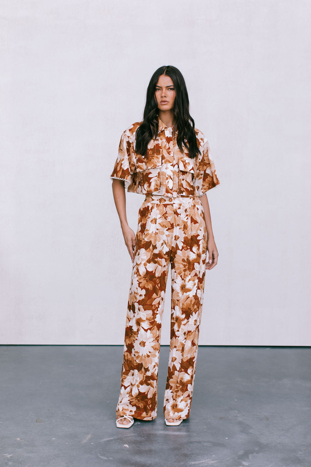 Esimio Cropped Shirt Rust Floral