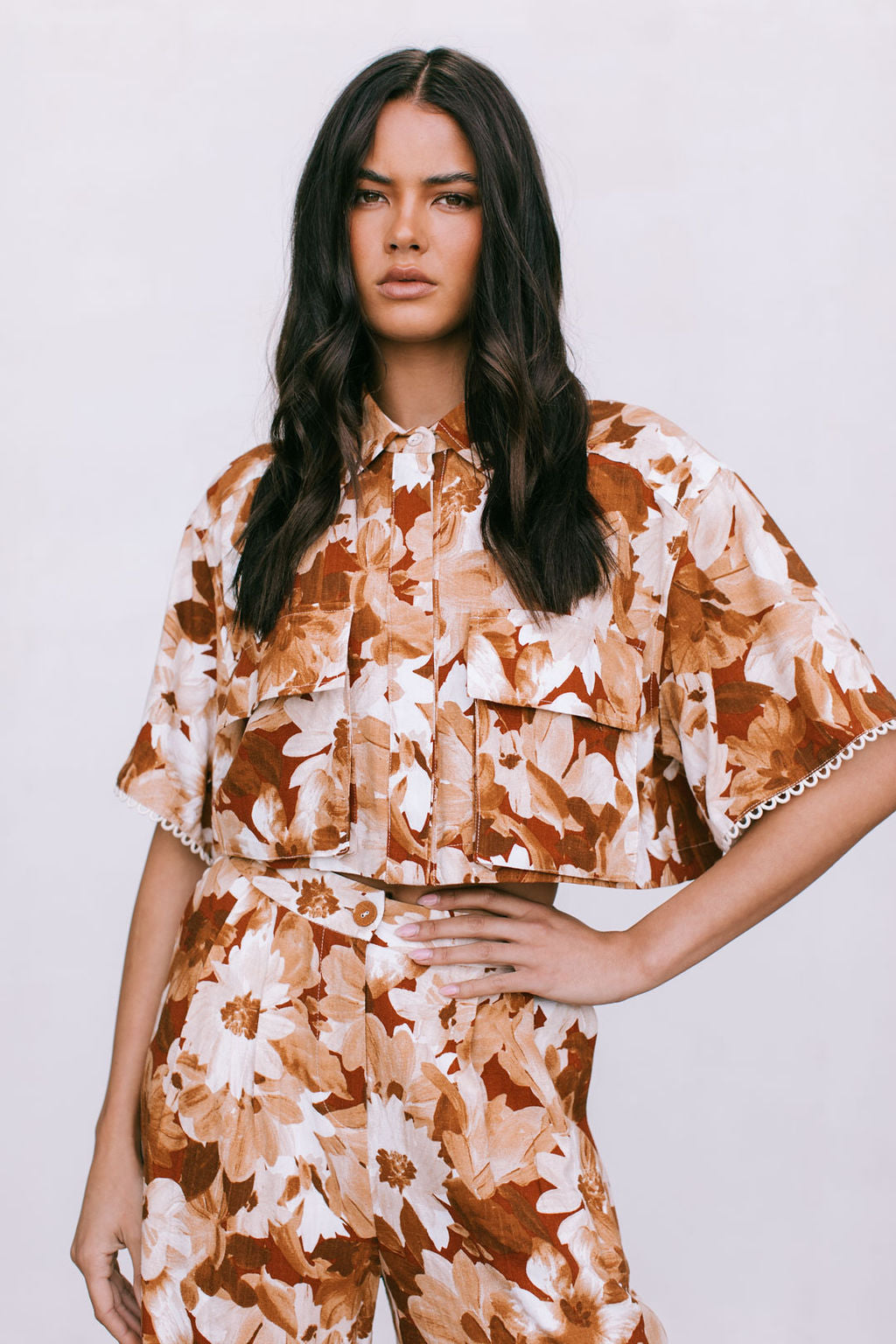 Esimio Cropped Shirt Rust Floral