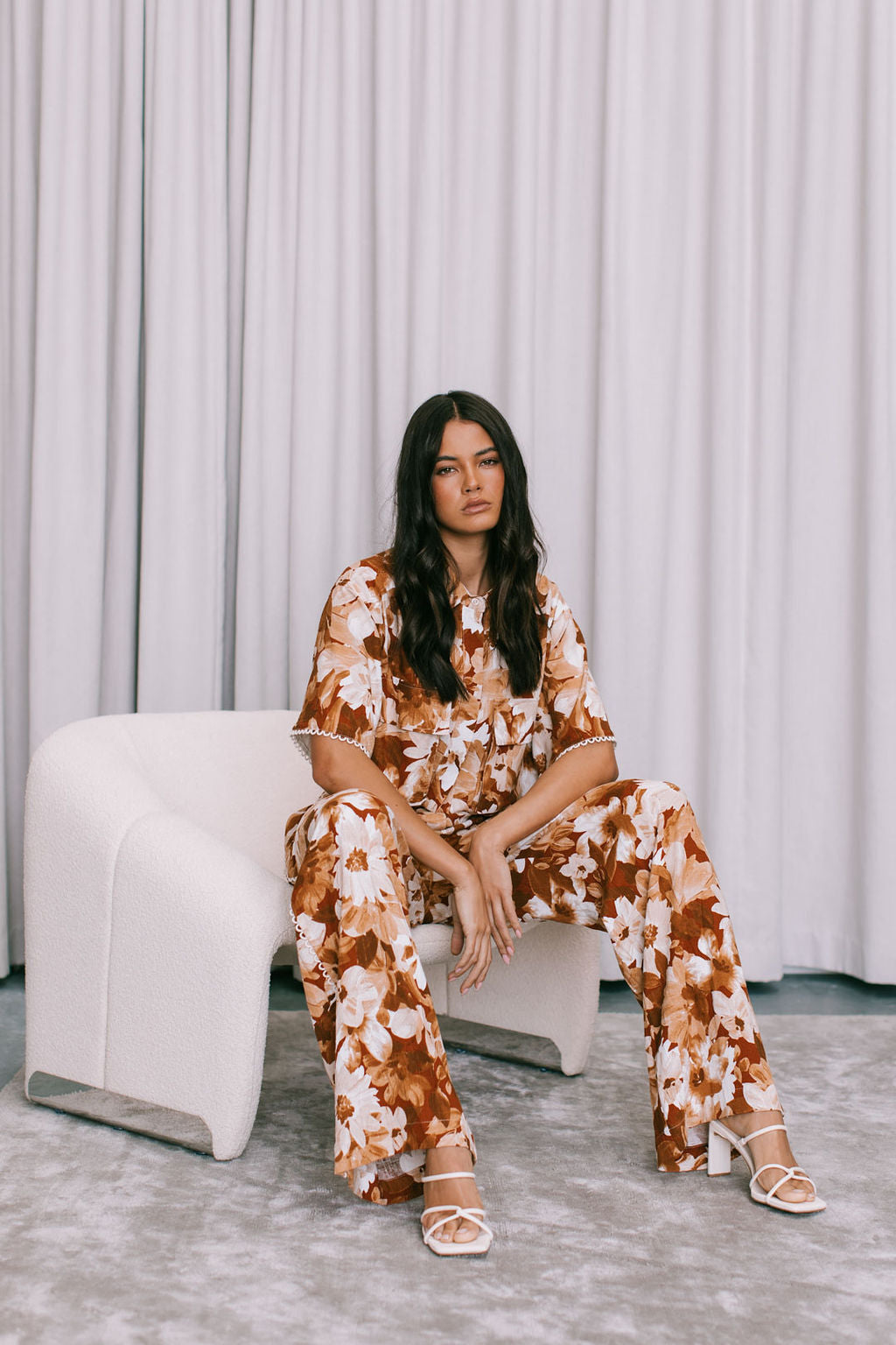 Esimio Cropped Shirt Rust Floral