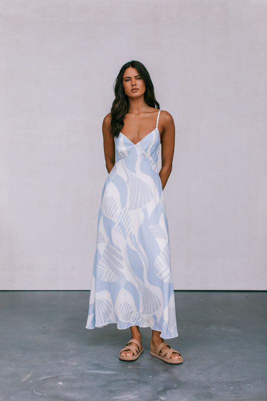 Chloe Maxi Dress - Blue Fan Print