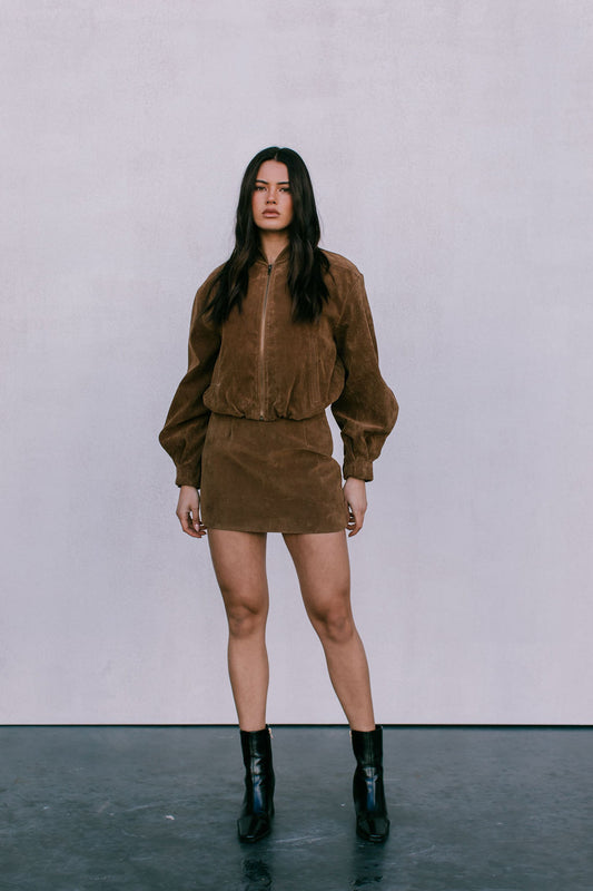 Diego Bomber Jacket - Tan Suede Look