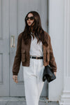 Gracelyn Bomber Jacket - Chocolate Brown Suede Look