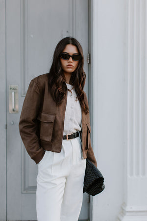 Gracelyn Bomber Jacket - Chocolate Brown Suede Look