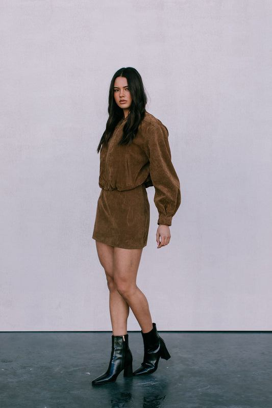 Diego Bomber Jacket - Tan Suede Look