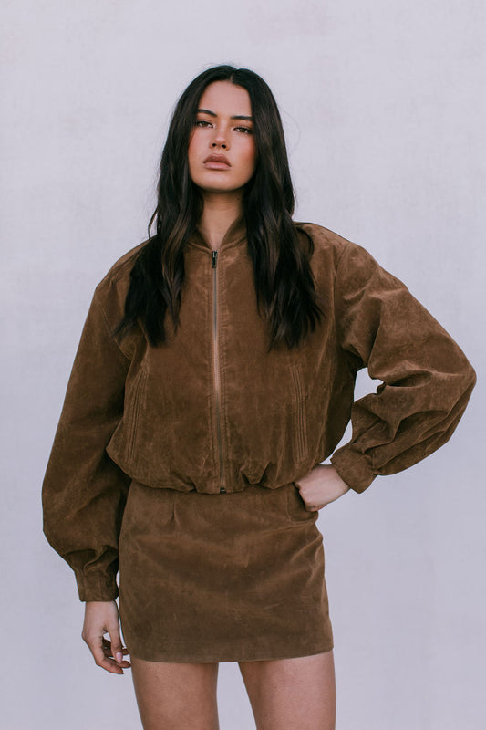 Diego Bomber Jacket - Tan Suede Look