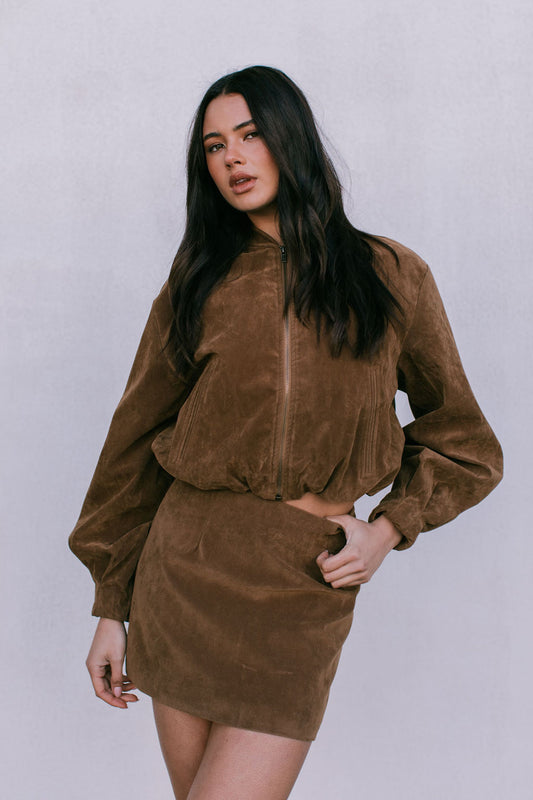 Diego Bomber Jacket - Tan Suede Look