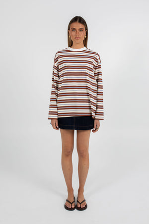 COMING SOON - Xina Long-sleeve Top - Cream/ Chocolate Stripe