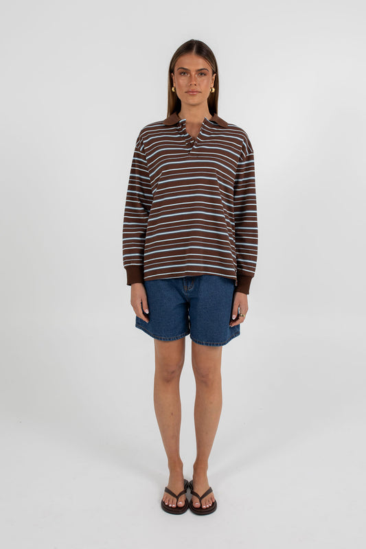 Regan Long-sleeve Top - Chocolate/ Blue Stripe