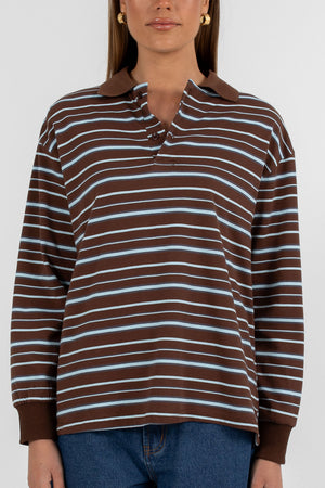 COMING SOON - Regan Long-sleeve Top - Chocolate/ Blue Stripe