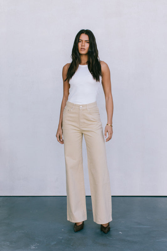 Carissa Wide Leg Denim Jeans - Sand