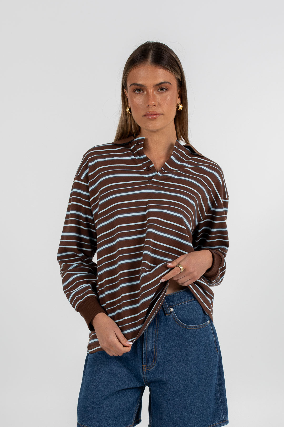 Regan Long-sleeve Top - Chocolate/ Blue Stripe