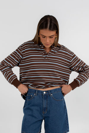 COMING SOON - Regan Long-sleeve Top - Chocolate/ Blue Stripe