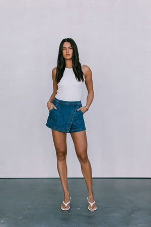 DISPATCH 07.05.25 - Jackie Denim Skort - Dark Blue Wash
