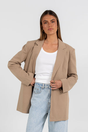 Quade Tailored Blazer - Beige Pinstripe