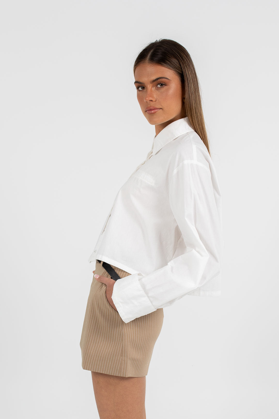 Jolie Mini Skirt - Beige Pinstripe