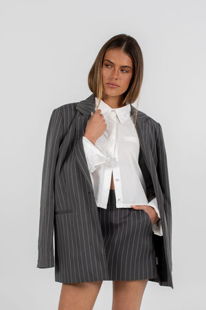 COMING SOON - Jolie Mini Skirt - Charcoal Grey Pinstripe