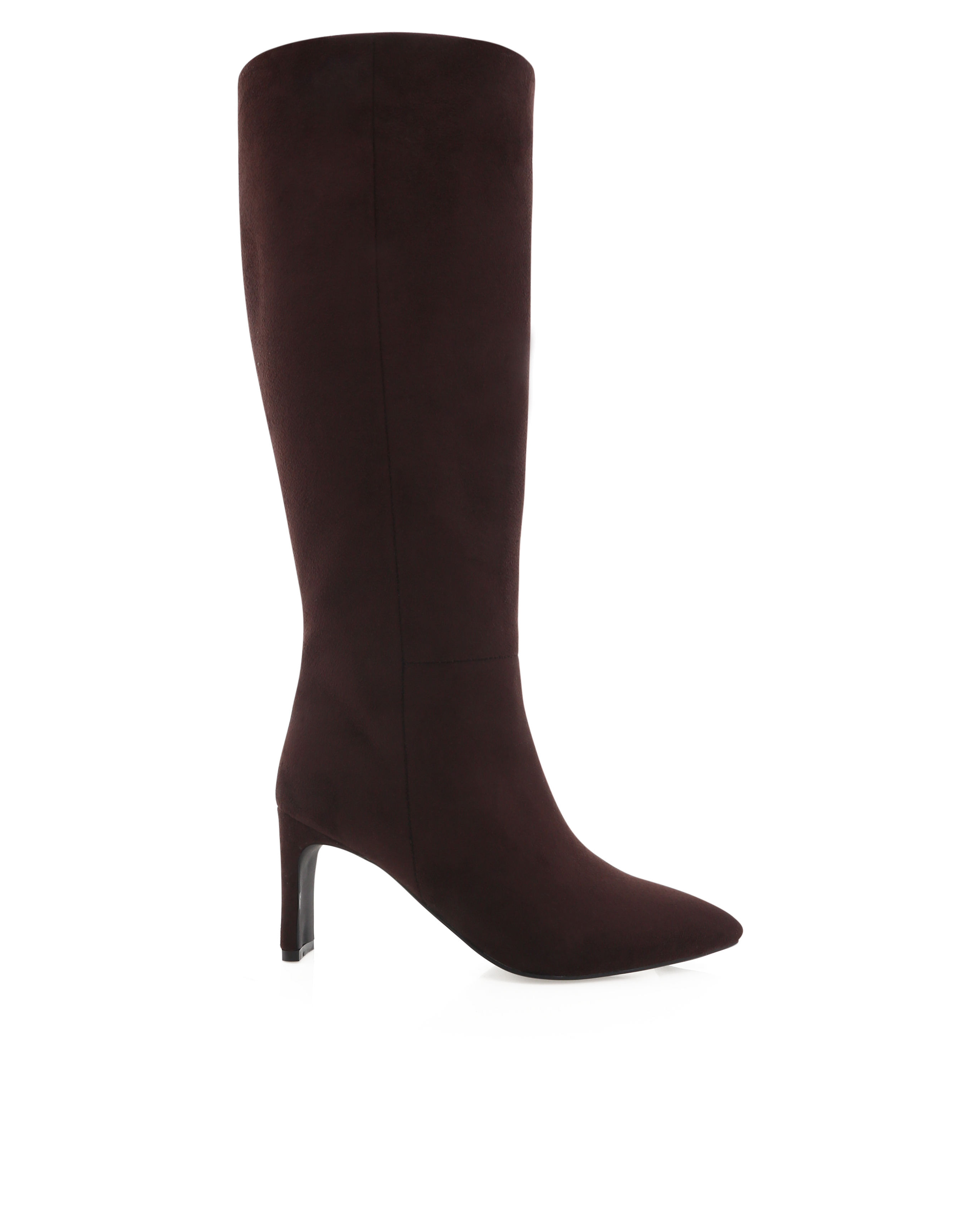 Chocolate brown suede knee-high boot with a pointed toe and high heel.