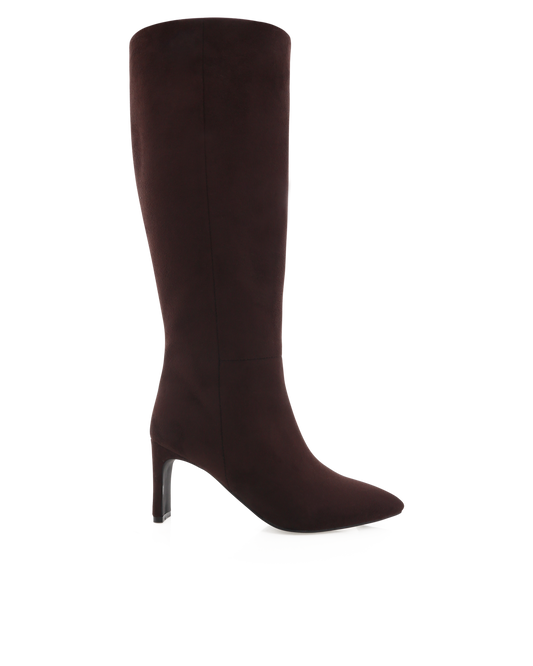 Chocolate brown suede knee-high boot with a pointed toe and high heel.
